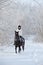 Beauty girl riding her horse through snow fields