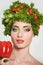 Beauty girl with Vegetables hair style. Beautiful happy young woman with vegetables on her head. Healthy food concept, diet, veget