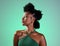 Beauty in green, makeup or black woman portrait of sexy afro model with fashion, facial makeup or hair care with