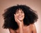 Beauty, hair and face portrait of black woman on brown background for wellness, shine and natural glow. Salon, luxury