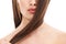 Beauty, hair and face with woman in skincare closeup cosmetic care and keratin treatment against white background