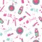 Beauty hashtag seamless pattern with cosmetics for bloger. Glamour collection design