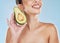 Beauty, healthcare and skincare woman avocado in hand with cosmetic wellness, health and healthy diet for clean and