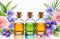 beauty herbal product. three unbranded essence oil bottles on floral watercolor background