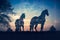 Beauty of horses\\\' silhouettes against an abstract sunset. The scene is both dramatic and serene