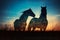 Beauty of horses\\\' silhouettes against an abstract sunset. The scene is both dramatic and serene