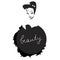 Beauty inscription on black splash and pretty cartoon girl. Isolated on white background. Vector illustration.