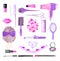 Beauty items. Hand drawn set of different hair styling and make up tools