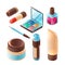 Beauty makeup accessory. Pink lipstick professional eye shadow plastic palette container vector isometric