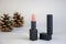 Beauty and makeup. Black tubes of lipstick on gray blurred background with fir cones.