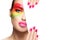 Beauty and Makeup Concept. Pink Nail Art and Colorful Make-up