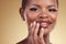 Beauty, makeup and face portrait of a black woman in studio for skincare, manicure or cosmetics. Closeup of african