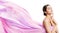 Beauty Makeup Skin Care, Woman Touching Face, Young Girl in Pink Waving Cloth Fluttering Wind on White