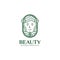 Beauty natural skincare cosmetic product logo icon badge emblem with peace smiles female face with green leaf and flower