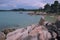 The beauty of Panorama Beach with sand and stones on Bangka Belitung Island, Indonesia.