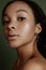 Beauty photo of young elegant African American woman with afro. Hands poses. Gentle portrait.  Fashion beauty close up portrait. N