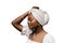 Beauty portrait of black muslim woman weared white dress and headscarf on white background. Softness and wellness of