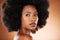 Beauty portrait of black woman with skincare, hair care and natural makeup for facial aesthetics, wellness and