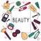 Beauty poster. Cosmetics, skin care concept for card, banner, book, catalog, print, web. Different cosmetics makeup products and