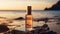 a beauty product bottle without a logo, the bottle elegantly beside a hand against the backdrop of a serene seashore.