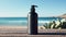 a beauty product bottle without a logo, the bottle elegantly beside a hand against the backdrop of a serene seashore.