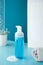 Beauty product mockup. Wellness packaging. Blue bottle, Cleaning cosmetic. Plastic pump bottle for and mousse or