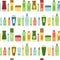 Beauty products colorful cosmetic bottles and tubes on white seamless pattern, vector