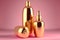 Beauty products, pink and gold cosmetic containers on pink background, beautiful female perfumes, cosmetics. AI generated image