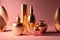 Beauty products, pink and gold cosmetic containers on pink background, beautiful female perfumes, cosmetics. AI generated image