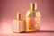 Beauty products, pink and gold cosmetic containers on pink background, beautiful female perfumes, cosmetics. AI generated image