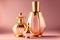 Beauty products, pink and gold cosmetic containers on pink background, beautiful female perfumes, cosmetics. AI generated image