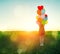 Beauty romantic girl on summer field with colorful air balloons