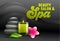 Beauty Salon Ad Banner, Front View of Spa Attributes as Aroma Candle, Massage Stones, Eucalyptus Leaves and Frangipani Plumeria