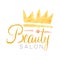 Beauty salon delicate golden logo design with crown. Textured label with gentle colors. Feminine vector emblem.