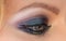 Beauty salon. Female eye with bright makeup. Visage cosmetics. Smokey eyes.