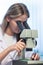 Beauty scientist Looks in microscope in chemical laboratory