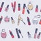 Beauty seamless pattern. nail polish, lipstick, mascara, perfume. Hand drawing design elements. Vector illustration. for