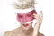 Beauty shot blond perfect young model wear pink visor