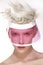 Beauty shot blond perfect young model wear pink visor