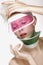 Beauty shot blond perfect young model wear pink visor