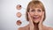 Beauty and skincare. Collage of attractive senior woman with zoomed zones showing skin aging signs, light background
