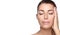 Beauty and Skincare Concept. Gorgeous brunette middle aged woman face with nude makeup on a flawless skin. Panorama banner with