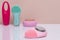 Beauty and skincare concept. Selective focus on a modern pink electric face cleansing silicone brush with massage sonic vibration