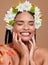 Beauty, skincare and flowers in hair of black woman for natural, spring and self love. Happy, salon and luxury with face