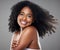 Beauty, skincare and hair care of black woman with smile for cosmetics, makeup and dermatology mockup for health and