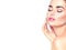 Beauty spa brunette woman touching her face. Skincare