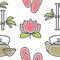 Beauty and spa lotus and bamboo teapot and cup seamless pattern