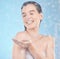 Beauty splash, skincare and woman in a shower for luxury, wellness and cleaning in studio with mockup. Water splash