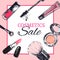 Beauty store banner with make up and Cosmetics objects