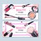 Beauty store banner with make up objects: lipstick, cream, brush